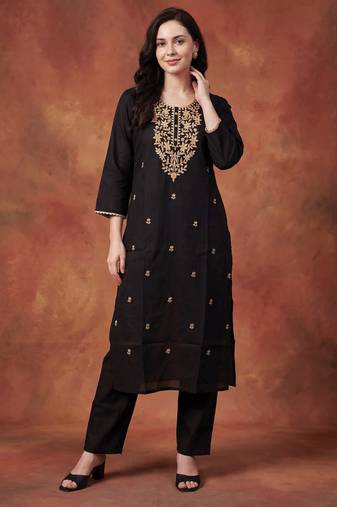 Black embroidered silk kurta trouser set