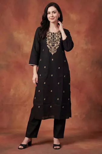 Black embroidered silk kurta trouser set