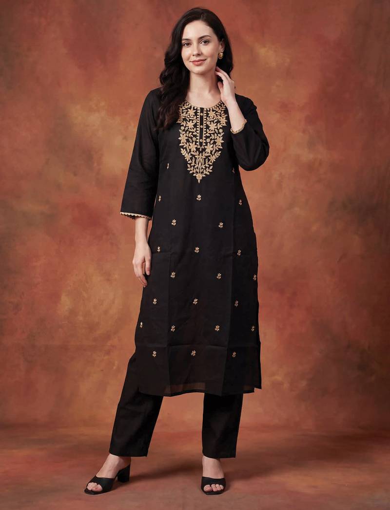 Black embroidered silk kurta trouser set