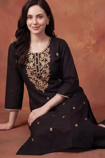 Black embroidered silk kurta trouser set
