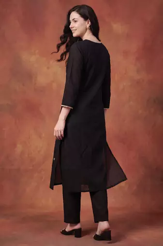 Black embroidered silk kurta trouser set