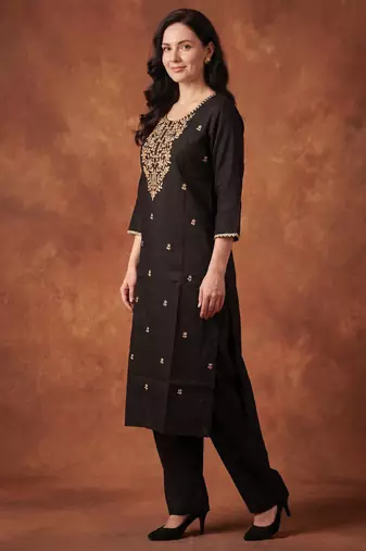 Black embroidered silk kurta trouser set