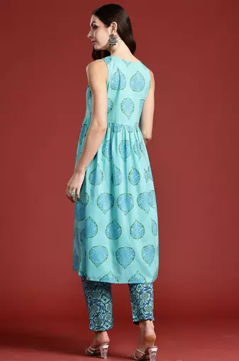 Blue printed cotton kurta trouser set