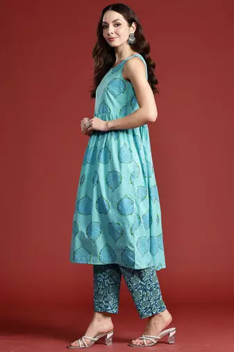 Blue printed cotton kurta trouser set