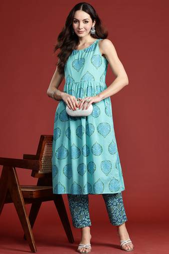 Blue printed cotton kurta trouser set