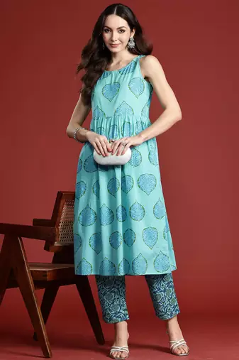 Blue printed cotton kurta trouser set