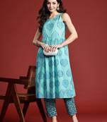 Blue printed cotton kurta trouser set