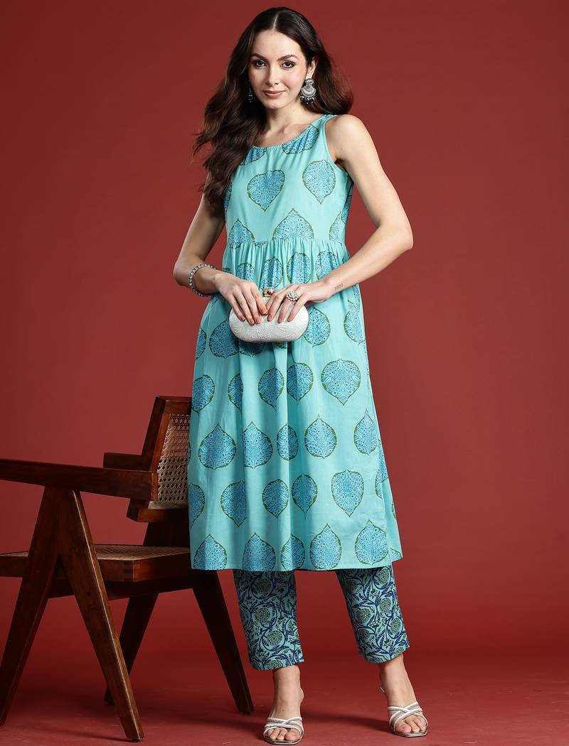 Blue printed cotton kurta trouser set