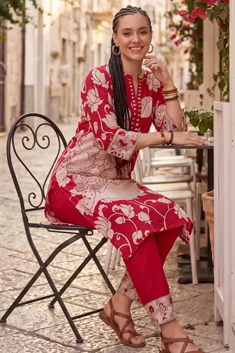 Red printed cotton kurta trouser set
