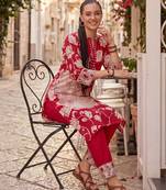 Red printed cotton kurta trouser set