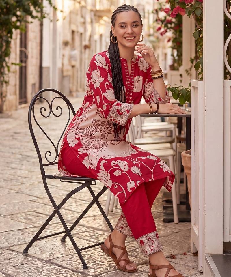 Red printed cotton kurta trouser set