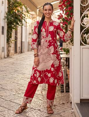 Red printed cotton kurta trouser set 2