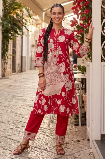 Red printed cotton kurta trouser set