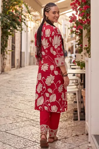 Red printed cotton kurta trouser set