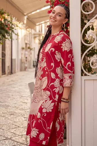 Red printed cotton kurta trouser set