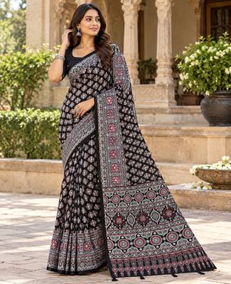 Black  color azarakh printed with all over mirror work on premium satin saree 1
