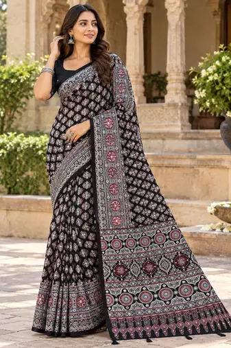 Black  color azarakh printed with all over mirror work on premium satin saree
