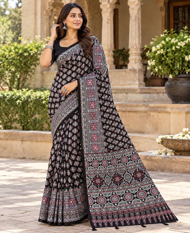Black  color azarakh printed with all over mirror work on premium satin saree