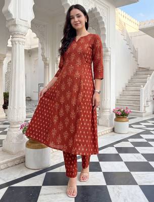 Orange printed cotton kurta trouser set 1