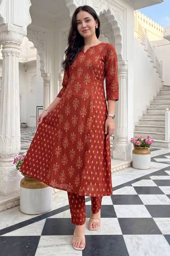 Orange printed cotton kurta trouser set