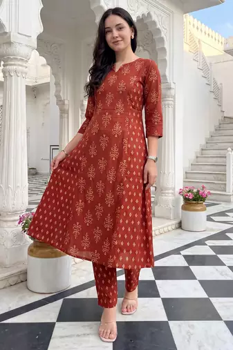 Orange printed cotton kurta trouser set