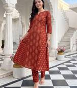 Orange printed cotton kurta trouser set