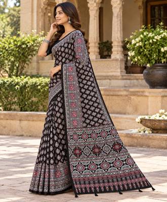 Black  color azarakh printed with all over mirror work on premium satin saree 2