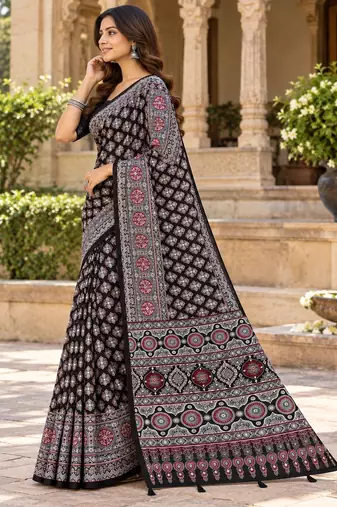 Black  color azarakh printed with all over mirror work on premium satin saree
