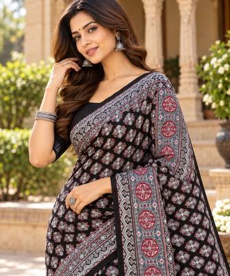 Black  color azarakh printed with all over mirror work on premium satin saree 3