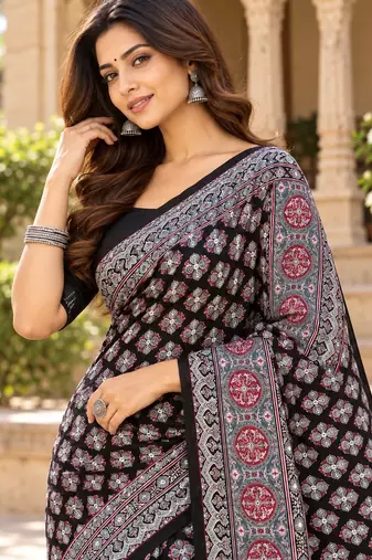 Black  color azarakh printed with all over mirror work on premium satin saree