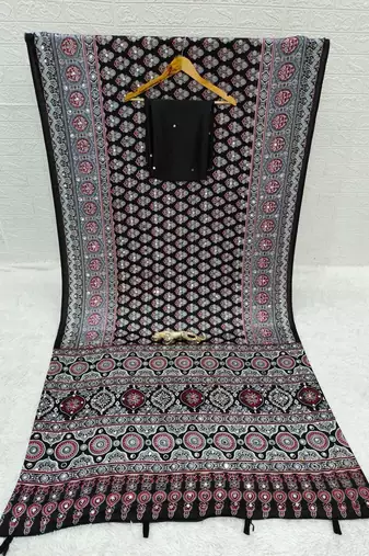 Black  color azarakh printed with all over mirror work on premium satin saree