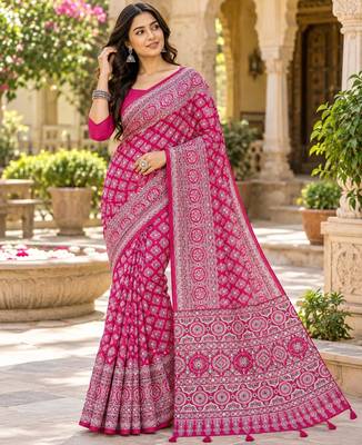 Pink color azarakh printed with all over mirror work on premium satin saree 1