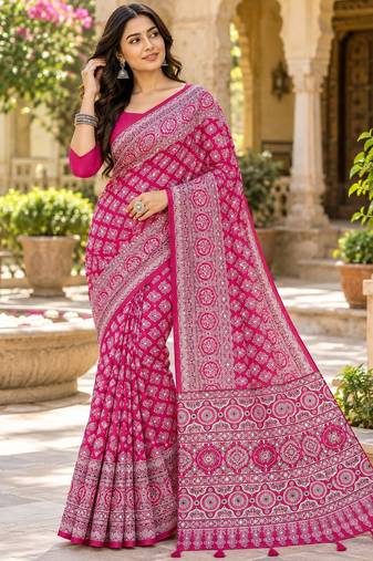 Pink color azarakh printed with all over mirror work on premium satin saree