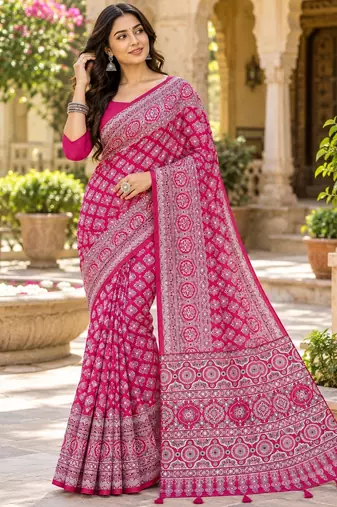 Pink color azarakh printed with all over mirror work on premium satin saree