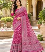 Pink color azarakh printed with all over mirror work on premium satin saree