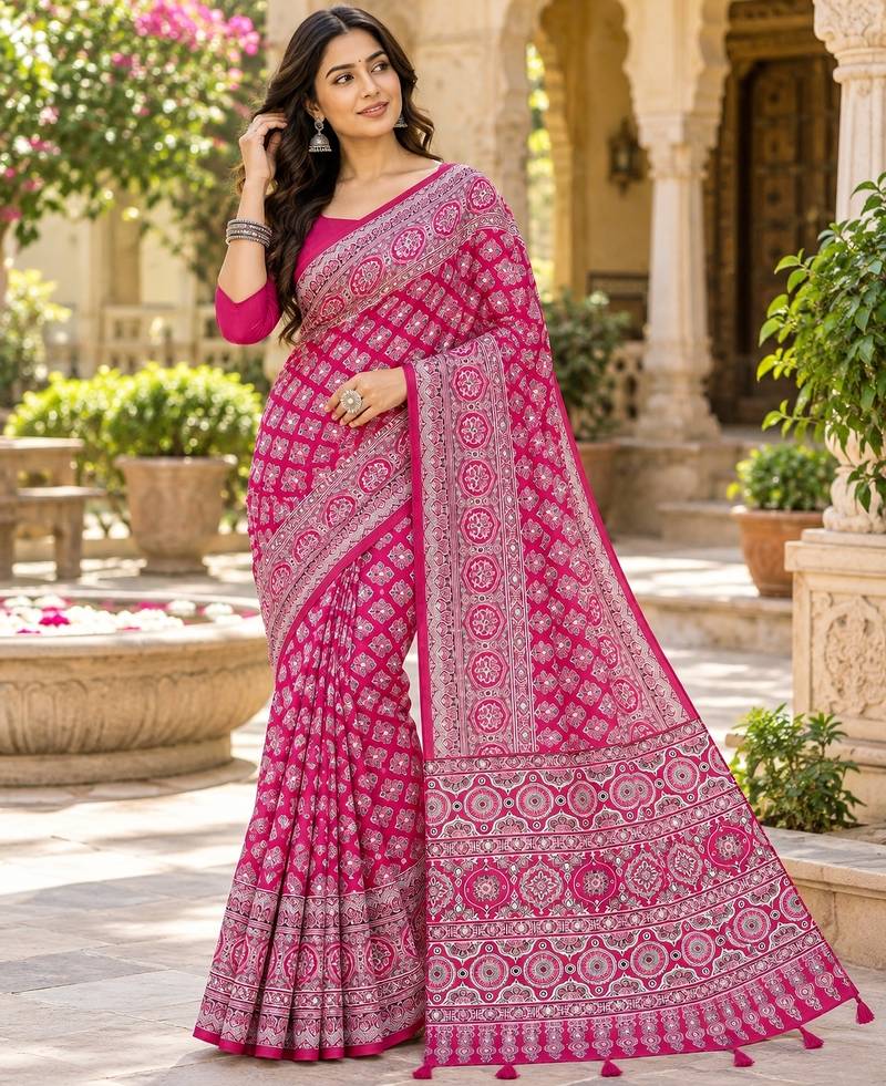 Pink color azarakh printed with all over mirror work on premium satin saree