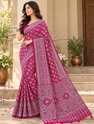 Pink color azarakh printed with all over mirror work on premium satin saree 2