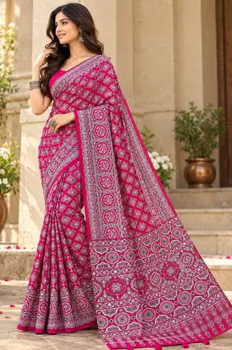 Pink color azarakh printed with all over mirror work on premium satin saree