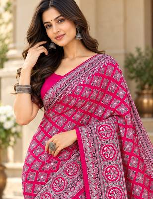 Pink color azarakh printed with all over mirror work on premium satin saree 3