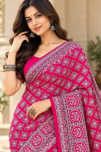 Pink color azarakh printed with all over mirror work on premium satin saree