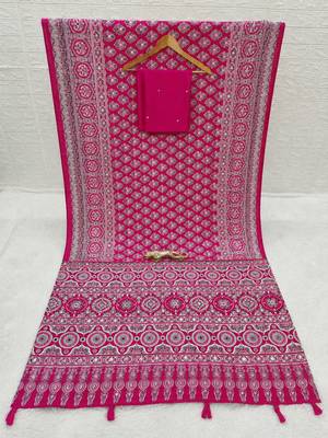 Pink color azarakh printed with all over mirror work on premium satin saree 4