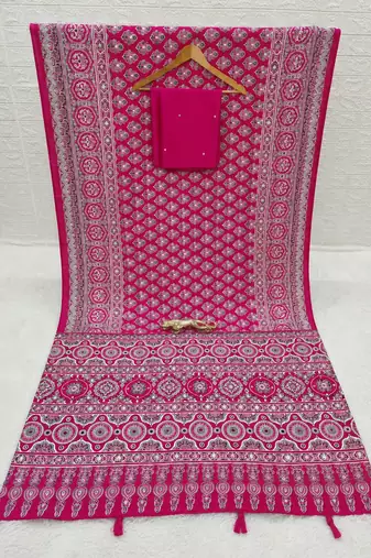 Pink color azarakh printed with all over mirror work on premium satin saree