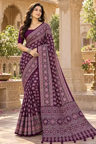 Wine color azarakh printed with all over mirror work on premium satin saree