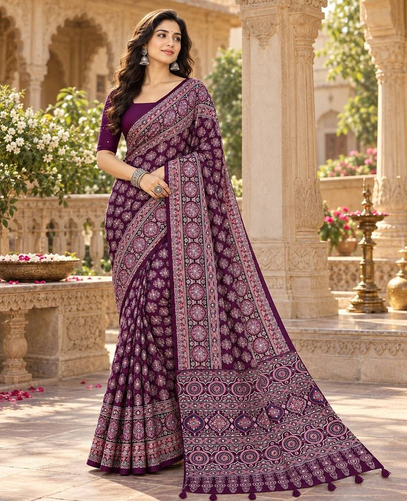 Wine color azarakh printed with all over mirror work on premium satin saree