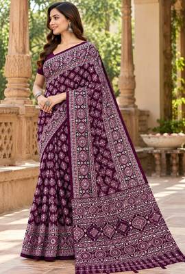 Wine color azarakh printed with all over mirror work on premium satin saree 2