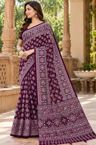 Wine color azarakh printed with all over mirror work on premium satin saree