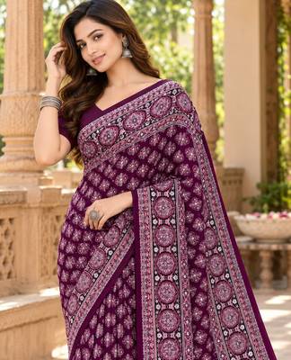 Wine color azarakh printed with all over mirror work on premium satin saree 3