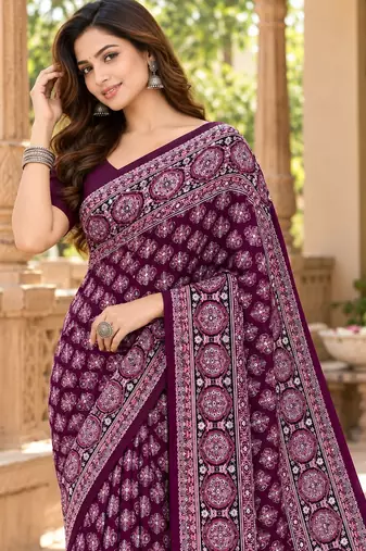 Wine color azarakh printed with all over mirror work on premium satin saree