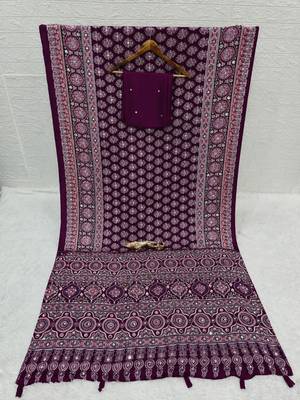 Wine color azarakh printed with all over mirror work on premium satin saree 4