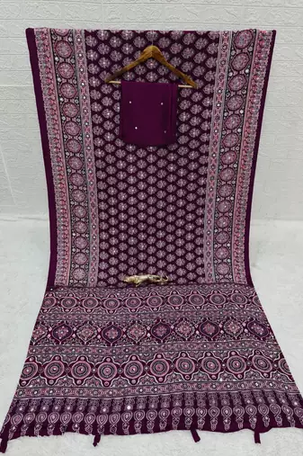 Wine color azarakh printed with all over mirror work on premium satin saree